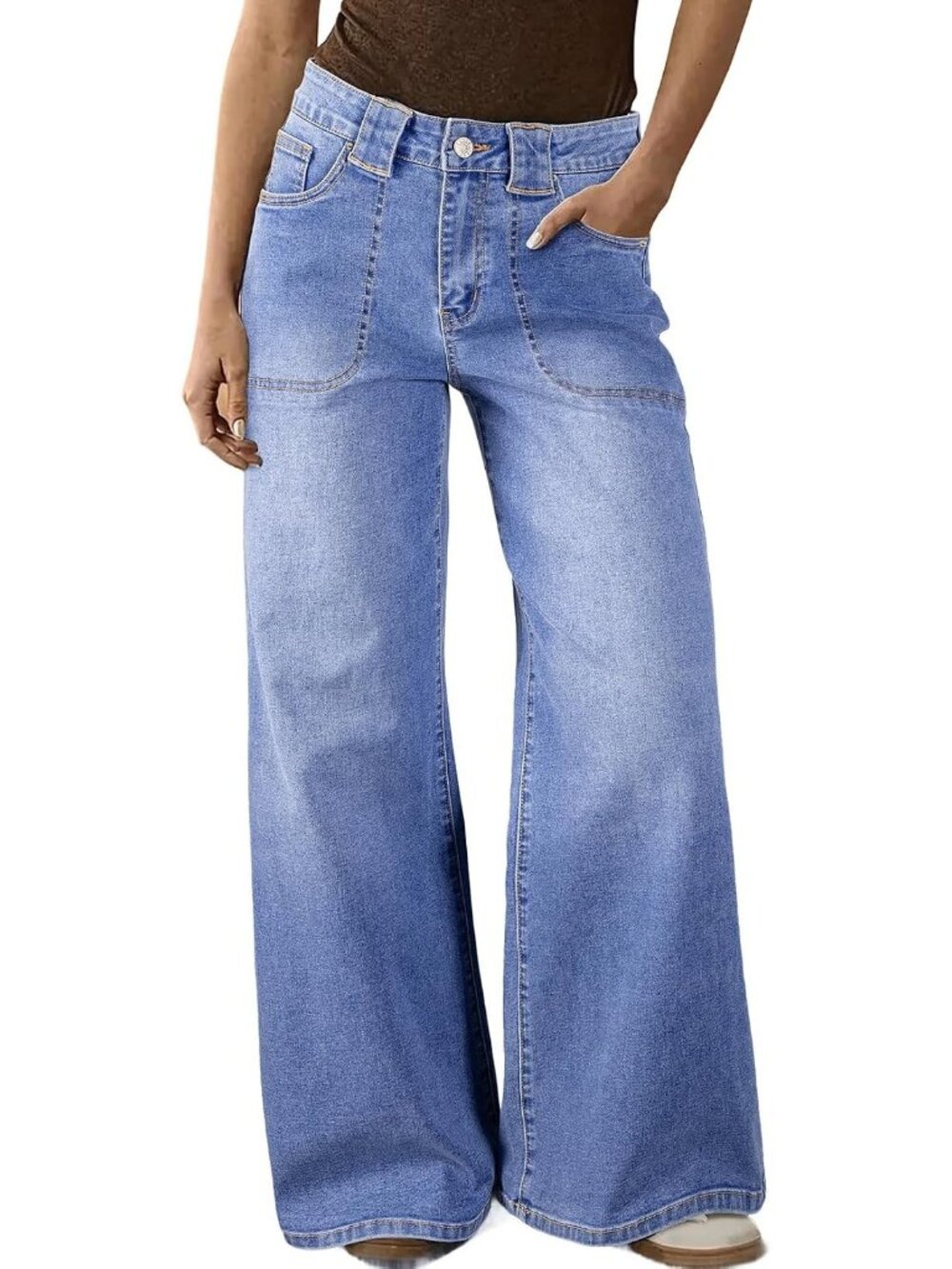 Women's Light Blue High Waisted Wide Leg Jeans Denim Pants Front Patch Pockets